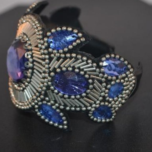 Leather Cuff W/Silver-tone w/Silver-tone Beading Bangle - Picture 2 of 3